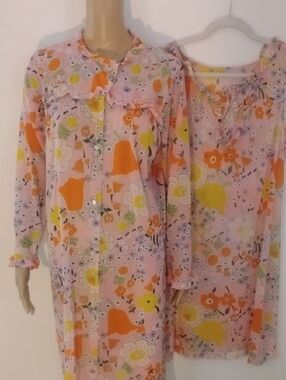 Trillium Vintage Pink Floral Retro Nightgown Set with Orange & Yellow Blooms L